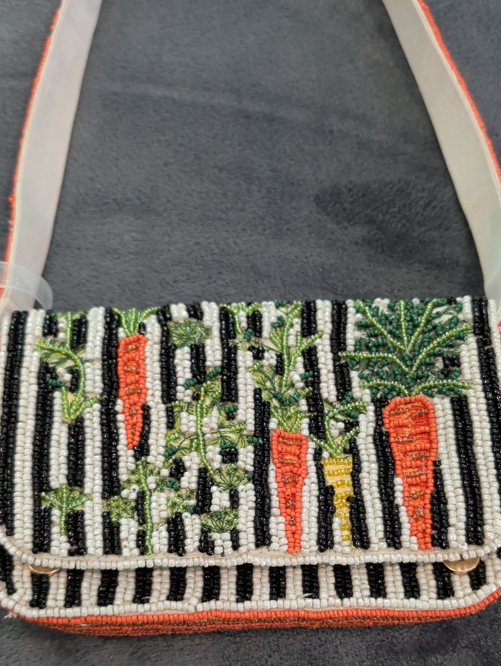 Beaded Black & White Stripe Shoulder Bag with Carrot Embroidery